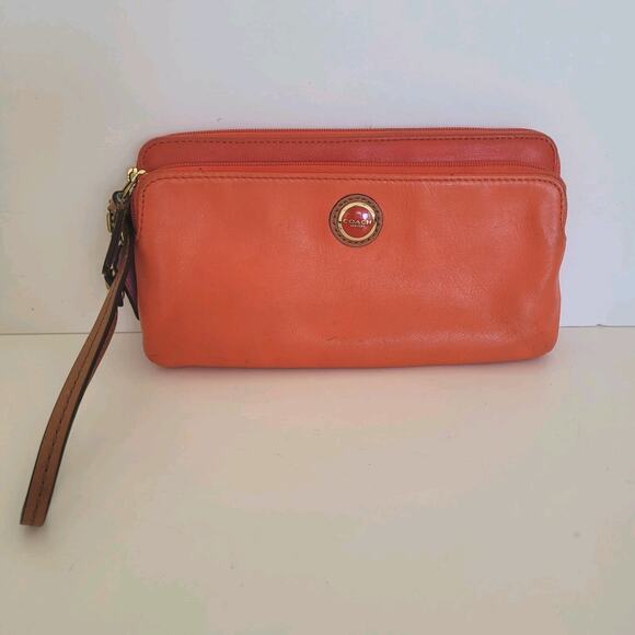 Coach Solid Red Coral Wallet Wristlet Clutch 8x4 Zip Pouch Phone Leather - Picture 1 of 12